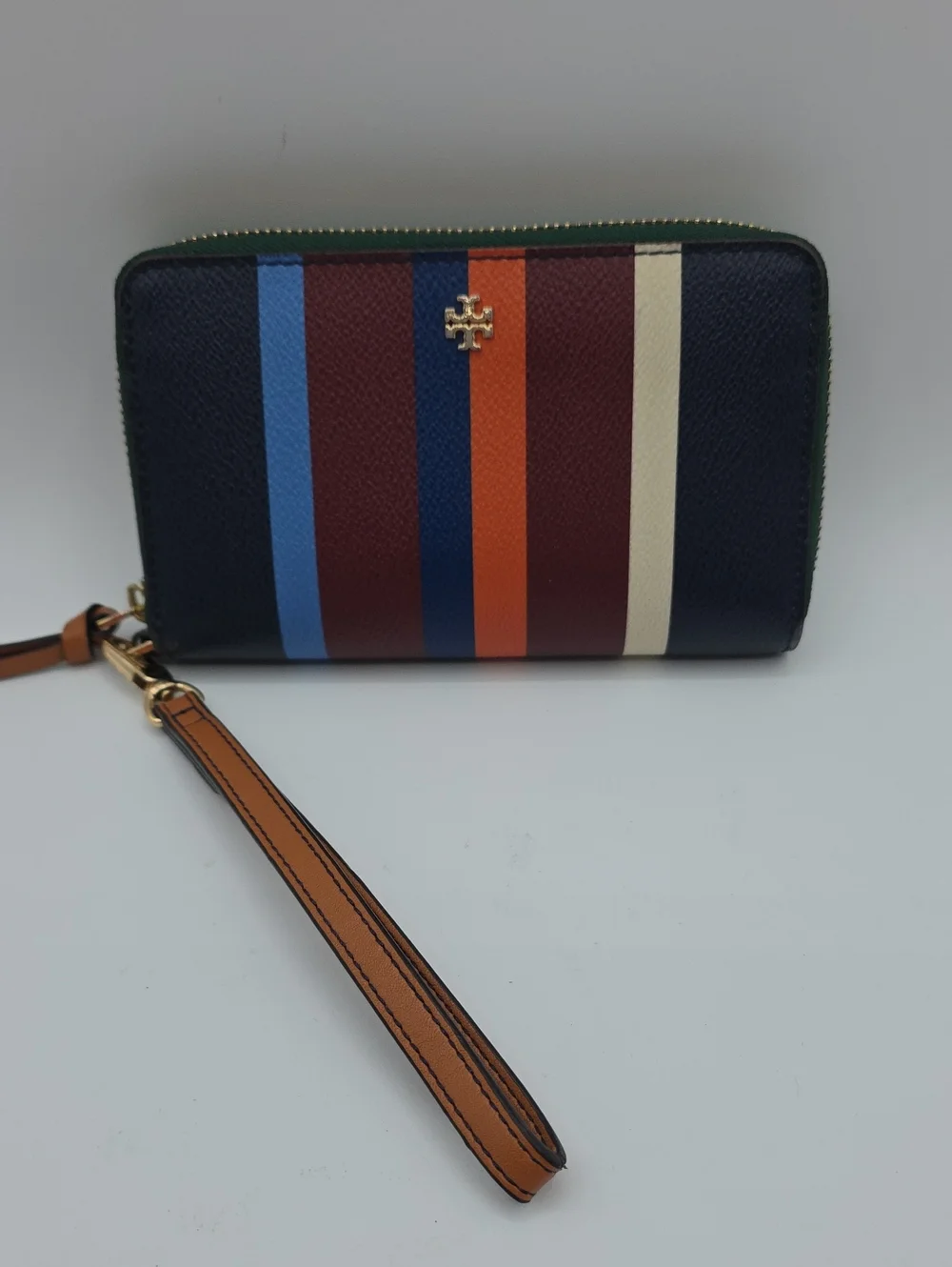 Tory Burch Navy Multicolor Stripe Zip Wristlet